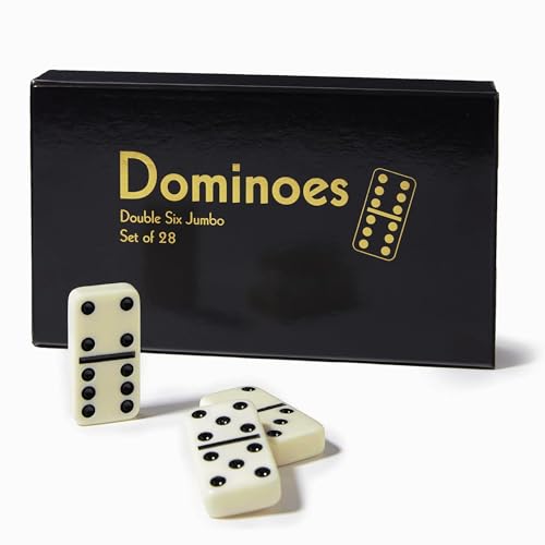 CHH Black/Cream Color Double 6 Jumbo Size Domino Tiles – Premium Set of 28 Ivory Dominoes – Classic Family Game in Cardboard Box - Image 1