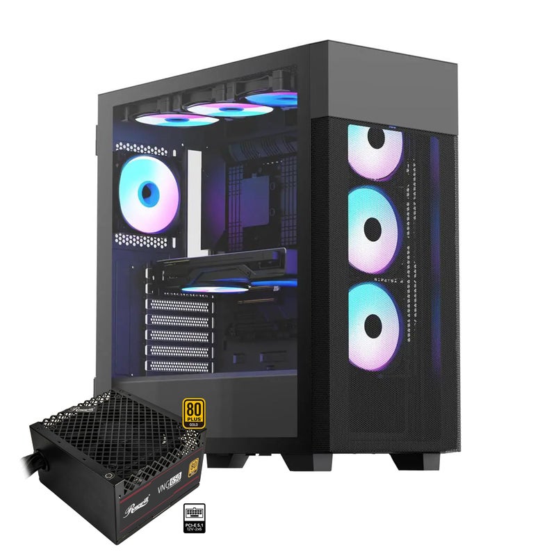 Rosewill FBM-X7 ATX Mid Tower Case - Hinged Tempered Glass Side Panel, High Airflow, 4X PWM ARGB Fans, Pre-Installed 650W 80+ Gold ATX 3.1 Power Supply - Black - Image 1