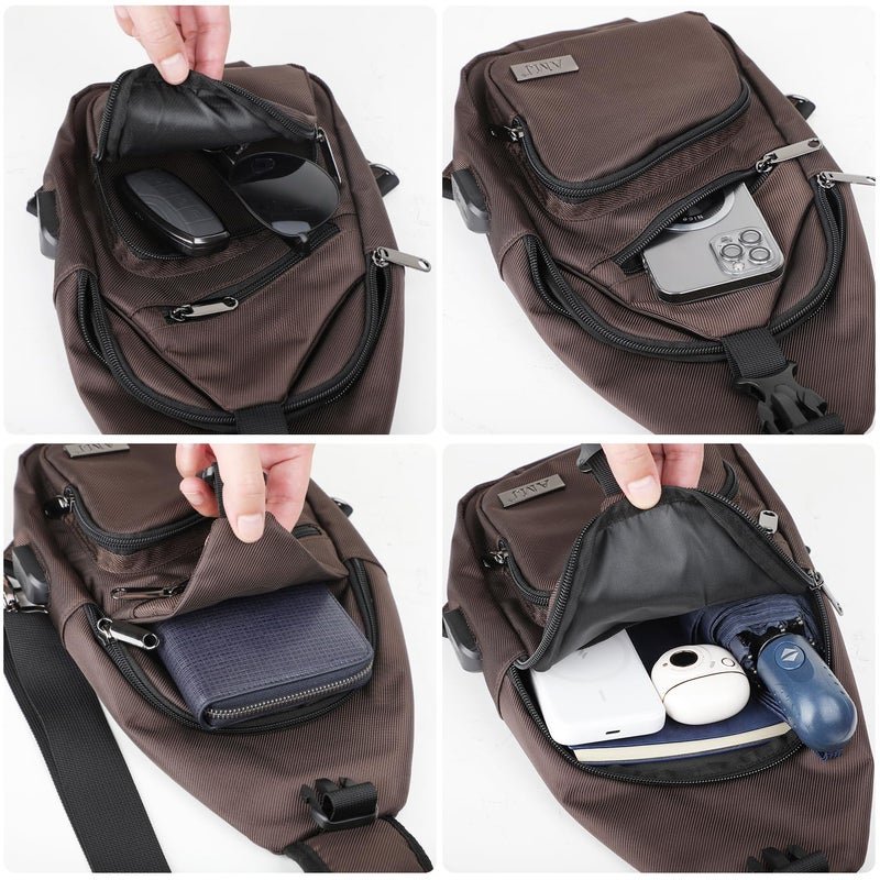 AMJ Crossbody Sling Bag Men Women, Casual Shoulder Backpack, Chest Daypack Satchel for Hiking Travel (Small, Brown) - Image 5