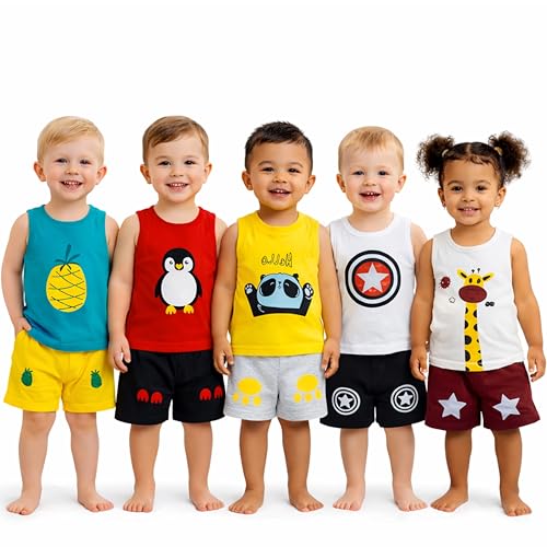 Fareto Baby Boys & Girls Summer Wear T -shirt & Shorts Set | Dres Clothing Set (Pack of 5) (3-4 Years) - Image 1