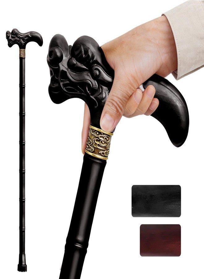 ispuoocti Wooden Walking Cane, 3D Dragon Engraved Cane Support up to 400 lb, Canes for Seniors Men Women of Different Heights (Black Brown 35") - Image 1