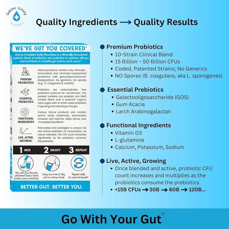 GoLive Prebiotic  Probiotic for Women Men Kids FlavorFree SugarFree Synbiotic Powder w GOS LGlutamine Vitamin D3 Electrolytes For Gut Health Digestion Metabolism Immunity 1550B CFUs - Image 4
