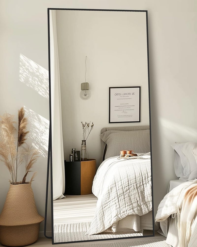 Coomily Full-Length Floor Mirror with Stand, 58"x18" Rectangle Style Full Body Standing Mirror for Bedroom, Living Room, Gym, Dorm - Shatter-Resistant & Easy Assembly, Black - Image 1