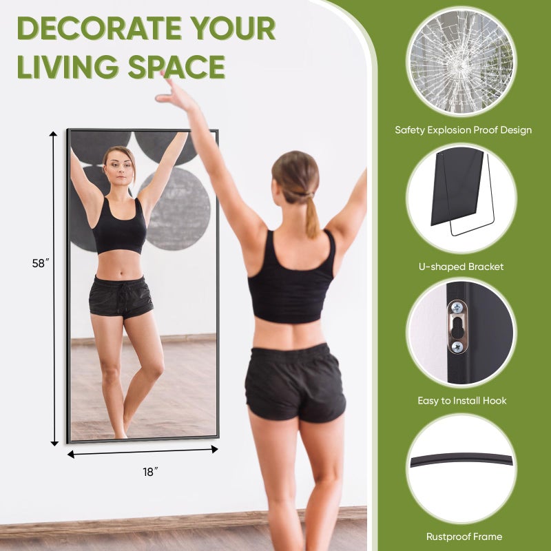 Coomily Full-Length Floor Mirror with Stand, 58"x18" Rectangle Style Full Body Standing Mirror for Bedroom, Living Room, Gym, Dorm - Shatter-Resistant & Easy Assembly, Black - Image 5