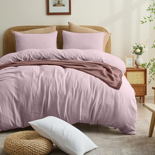 MEISHANG Muslin Duvet Cover King Size 100 Organic Cotton Soft Textured Gauze Weave Comforter Cover for Breathable AllSeason with Zipper Closure 3 Piece Set King Light Purple - Image 1