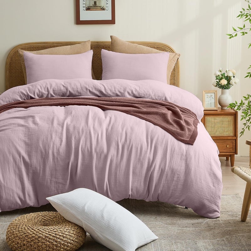 MEISHANG Muslin Duvet Cover King Size 100 Organic Cotton Soft Textured Gauze Weave Comforter Cover for Breathable AllSeason with Zipper Closure 3 Piece Set King Light Purple - Image 2