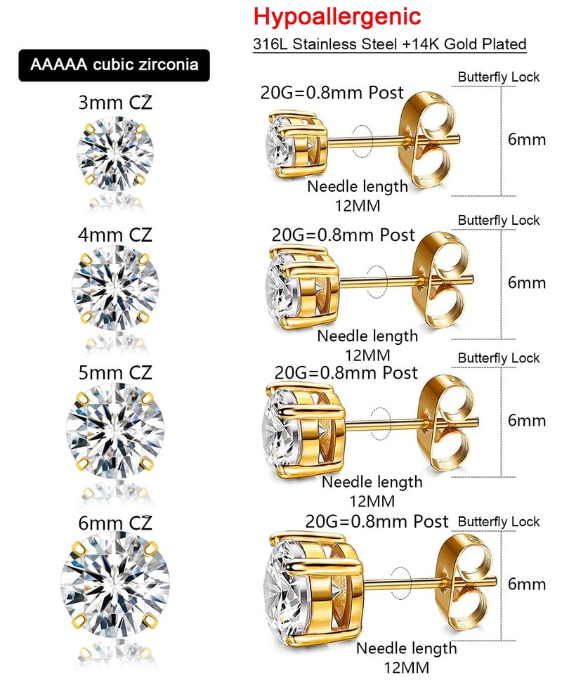 AMASIS 4Pairs Gold Studs Earrings Set for Women Men,20G Hypoallergenic Gold-Plated Stainless Steel Studs Earrings 3-4-5-6mm Cubic Zirconia Simulated Diamond Round CZ Cartilage Earrings for Sensitive Ears - Image 2