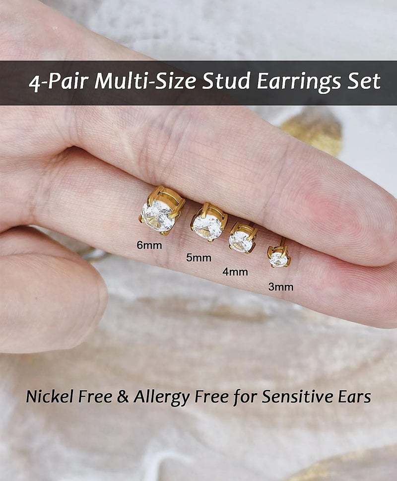 AMASIS 4Pairs Gold Studs Earrings Set for Women Men,20G Hypoallergenic Gold-Plated Stainless Steel Studs Earrings 3-4-5-6mm Cubic Zirconia Simulated Diamond Round CZ Cartilage Earrings for Sensitive Ears - Image 5
