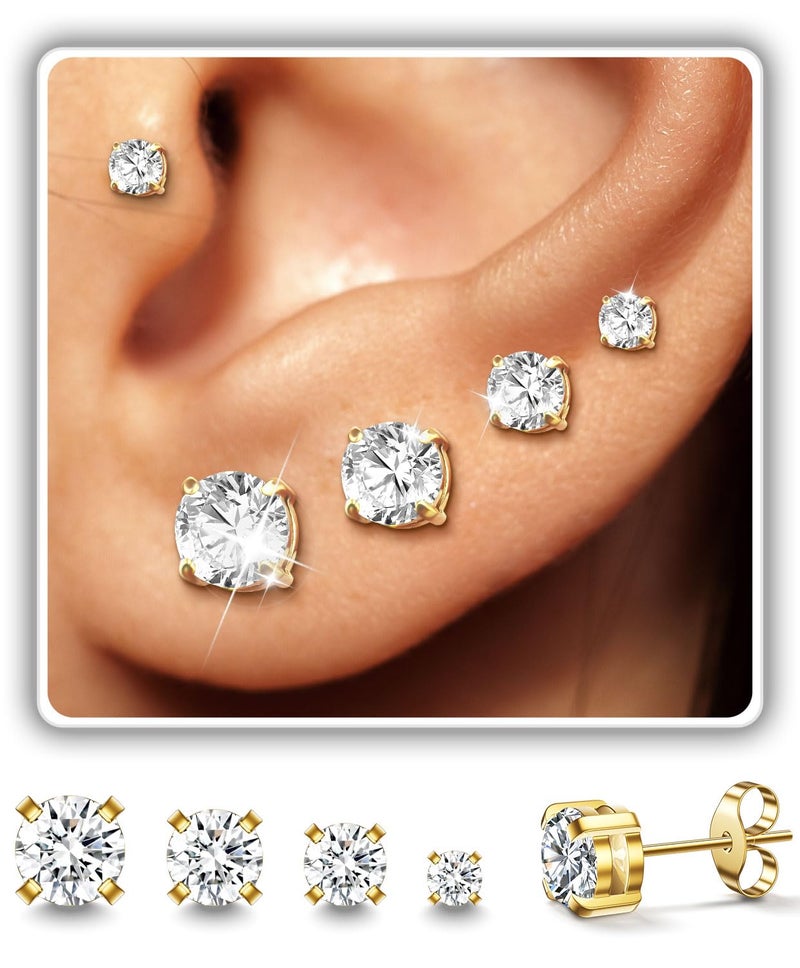 AMASIS 4Pairs Gold Studs Earrings Set for Women Men,20G Hypoallergenic Gold-Plated Stainless Steel Studs Earrings 3-4-5-6mm Cubic Zirconia Simulated Diamond Round CZ Cartilage Earrings for Sensitive Ears - Image 4