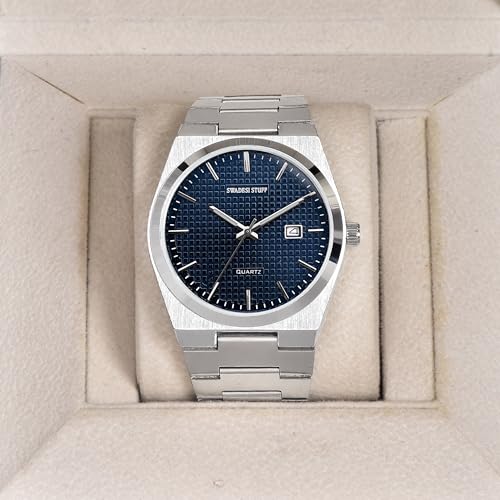 SWADESI STUFF Stainless Steel Date Display Mens Wrist Analogue Watch (Blue), Dial-Color:Multicolour, Band Color:Silver (Blue) - Image 2