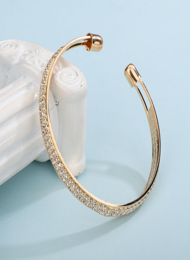 YERTTER Simple Silver Gold Punk Open Cuff Rhinestone Bangle Bracelet Crystal Bangle Bracelet Gift for Women Brides for Prom Party Wedding Dating (Gold) - Image 5