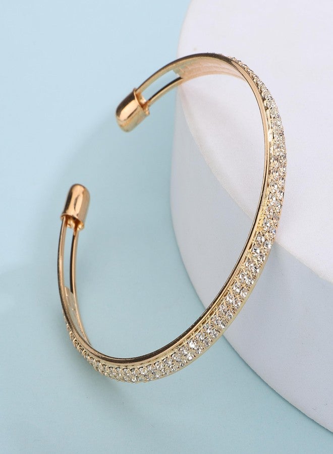 YERTTER Simple Silver Gold Punk Open Cuff Rhinestone Bangle Bracelet Crystal Bangle Bracelet Gift for Women Brides for Prom Party Wedding Dating (Gold) - Image 4