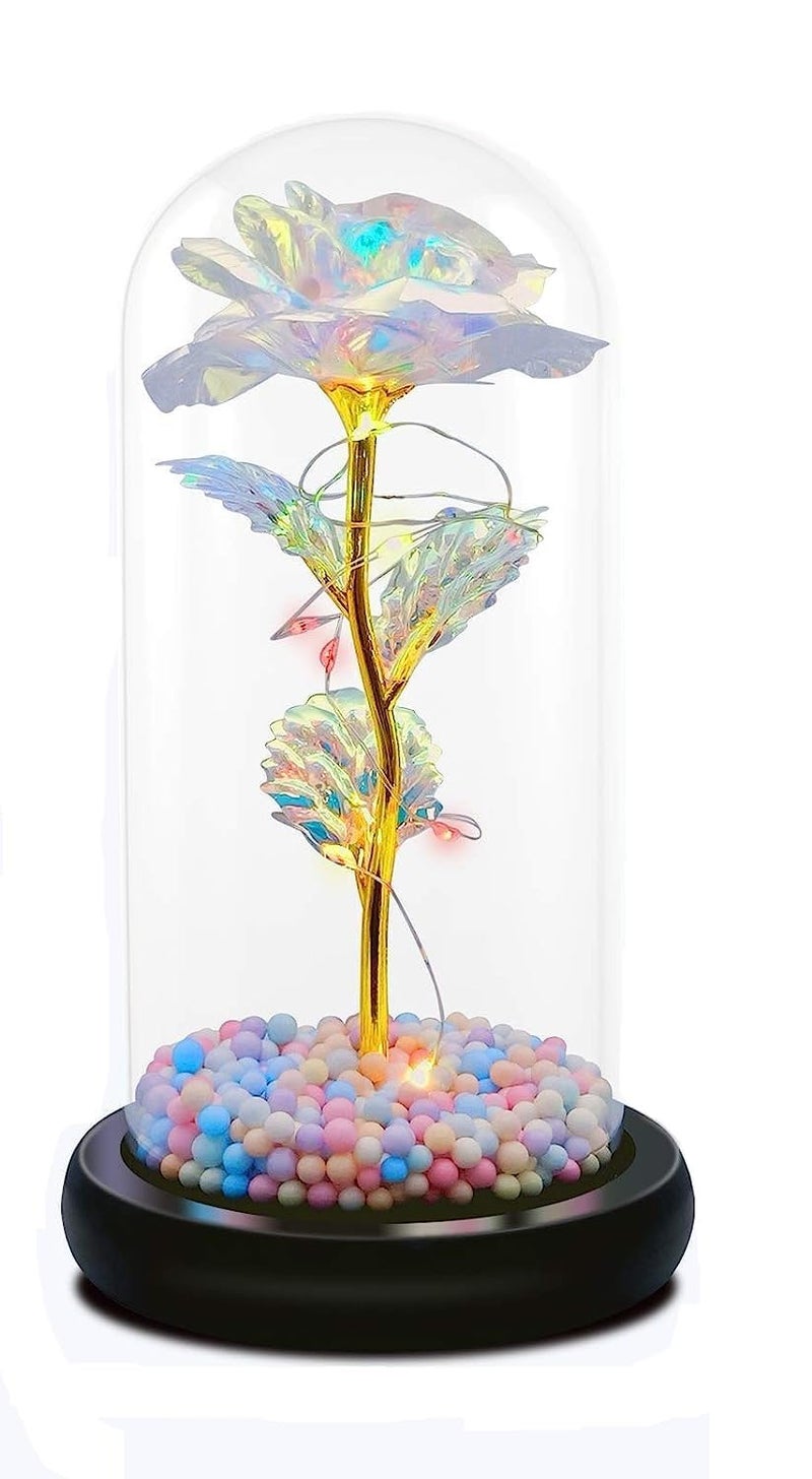 SUNBEET Rose Flower Gift Rainbow Forever Rose in Glass Dome Rose Light Up Flower Personalized Gifts for Mom Sisters Friend Women Valentines Day Birthday Wedding