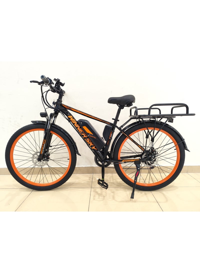 دراجة كهربائية Winner Sky بمحرك 500 واط، بطارية 48v فولت13ah أمبير – مدى 35 إلى 40 كم – ناقل حركة وتبديل يدوي للدواسات – صندوق تخزين – دراجة هجينة للمدينة والجبال - Image 1