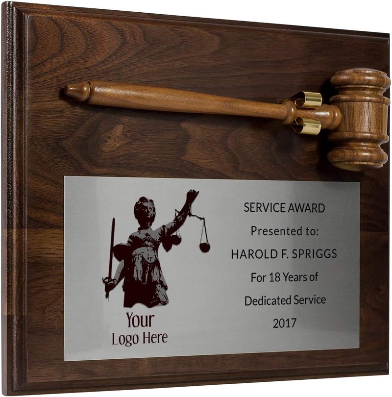 PlaqueMaker Gavel Plaque with Your Persoanlized Text and Logo - Judge, Police Officer, Lawyer, Attorney, or Military - Image 1