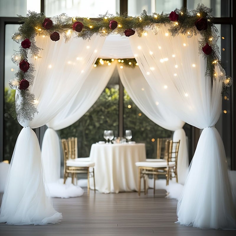 Sheer White Tulle Curtain Panel 26.12x2.5ft Polyester Eyelet Drapes for Wedding Arch Party Decor - Image 1