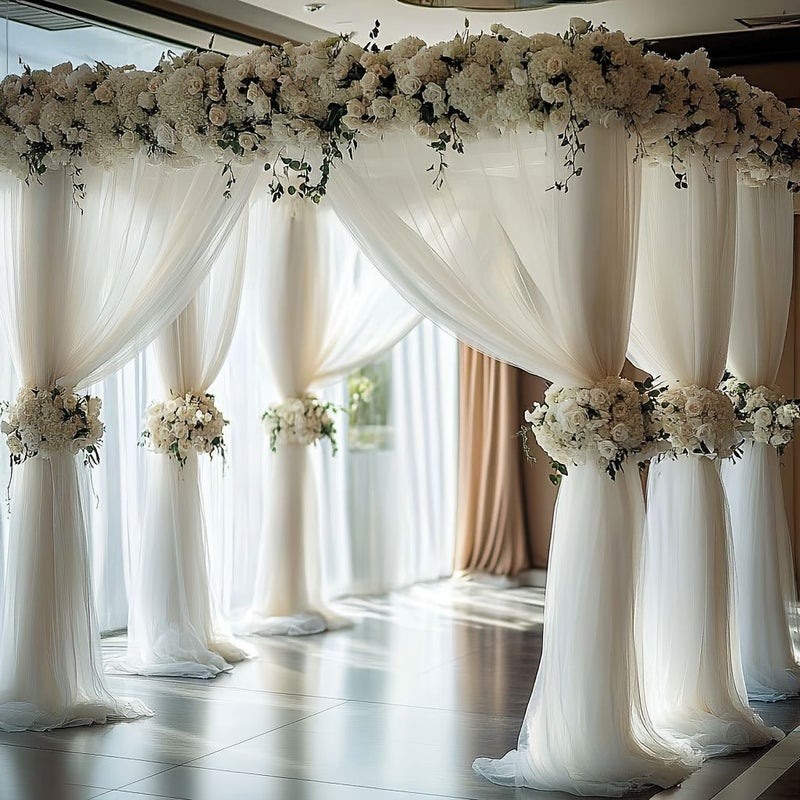 Sheer White Tulle Curtain Panel 26.12x2.5ft Polyester Eyelet Drapes for Wedding Arch Party Decor - Image 3