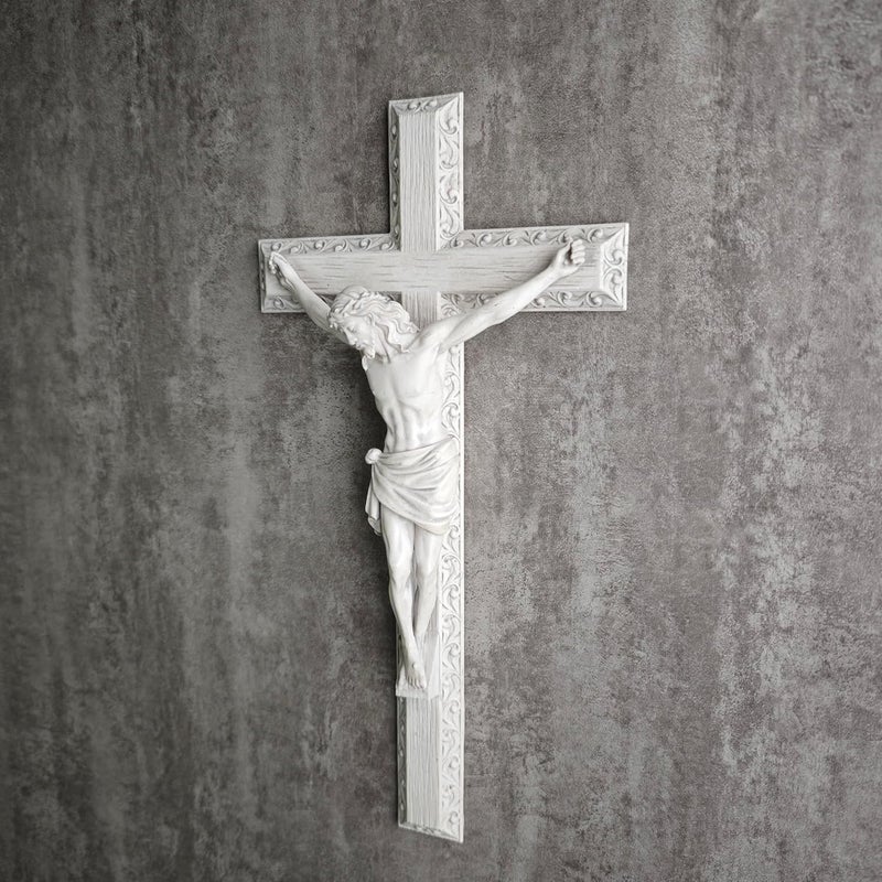 BC BUILDCLASSIC BC Catholic Crucifix Wall Cross, Jesus Christ Wall Decor for Elegant Modern Home, Devout Gift for Youngs, Religious Gifts Home Decor, Grey White Stone Finish 12" H Hand Painted by Buildclassic - Image 5