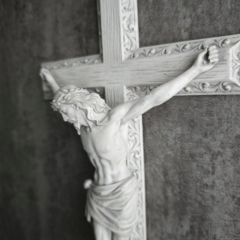 BC BUILDCLASSIC BC Catholic Crucifix Wall Cross, Jesus Christ Wall Decor for Elegant Modern Home, Devout Gift for Youngs, Religious Gifts Home Decor, Grey White Stone Finish 12" H Hand Painted by Buildclassic - Image 2