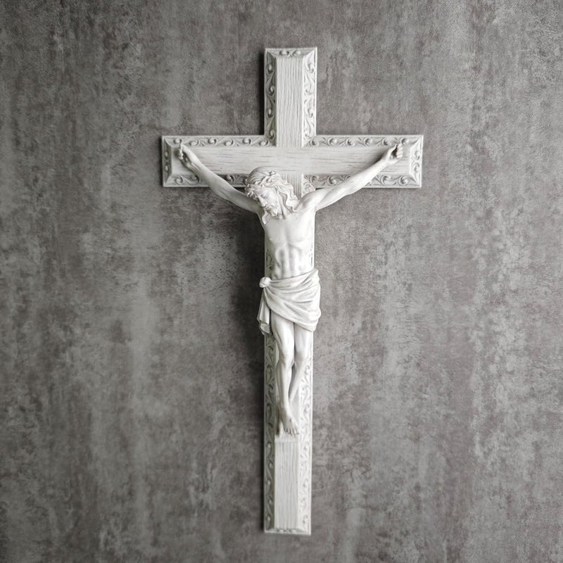 BC BUILDCLASSIC BC Catholic Crucifix Wall Cross, Jesus Christ Wall Decor for Elegant Modern Home, Devout Gift for Youngs, Religious Gifts Home Decor, Grey White Stone Finish 12" H Hand Painted by Buildclassic - Image 3
