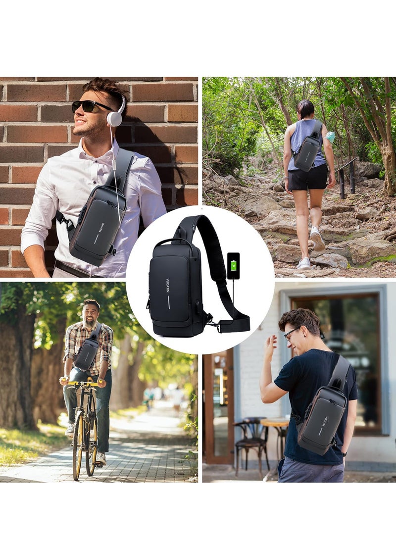 MIXDE Crossbody Sling Bag, Body Chest Shoulder Bag for Men Women Casual Shoulder Backpack Bag, Waterproof Leather Chest Casual Daypack with Usb Charging Port for Travel Hiking  - Image 4