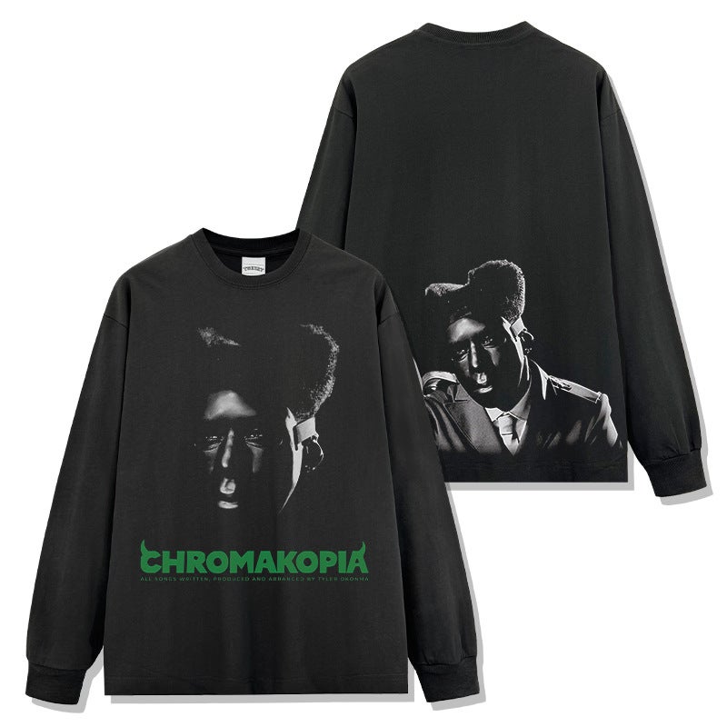 Cross-border American Hip-hop Tyler The Creator Printed Washed Short-sleeved T-shirt Casual Crewneck Hooded Sweatshirt black long sleeve