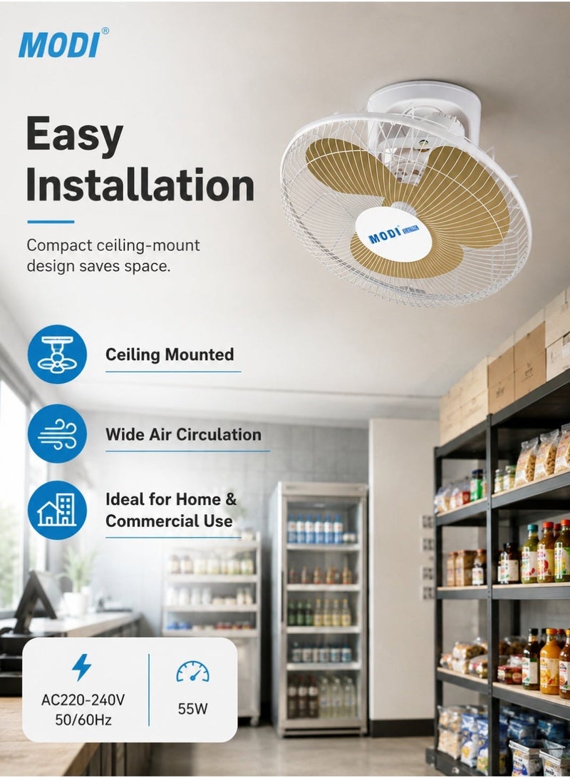 MODI 16 Inch Orbit Fan 55W Ceiling Mounted Fan With 3 Speed Controller, Metal Blades, Wide Air Circulation, Quiet Cooling & Easy Installation For Home, Office & Shop - Image 5
