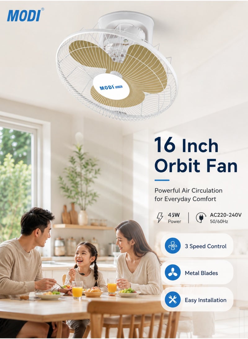 MODI 16 Inch Orbit Fan 45W Ceiling Mounted Fan With 3 Speed Controller, Metal Blades, Wide Air Circulation, Quiet Cooling & Easy Installation For Home, Office & Shop - Image 1