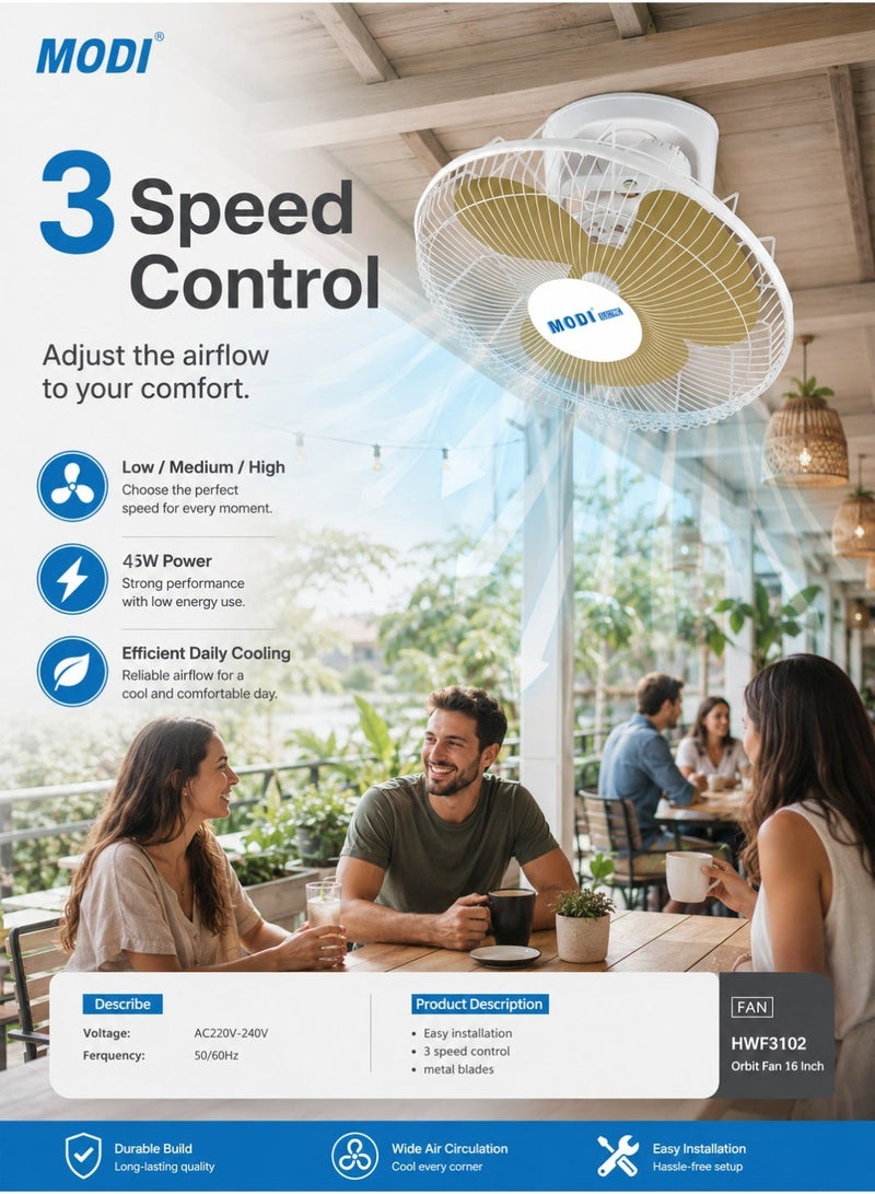 MODI 16 Inch Orbit Fan 45W Ceiling Mounted Fan With 3 Speed Controller, Metal Blades, Wide Air Circulation, Quiet Cooling & Easy Installation For Home, Office & Shop - Image 4