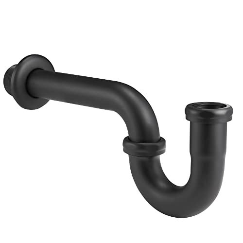 Fipoque 18 Gauge Solid Brass PTrap 1 14 OD Heavy Duty Brass Tubular J Bend Pipe Connector Decorative Bathroom Basin Sink Waste Trap Drain Kit with Flange and Gasket Washers Matte Black - Image 1