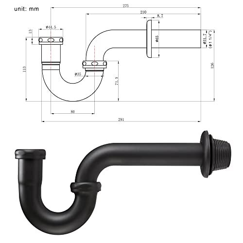 Fipoque 18 Gauge Solid Brass PTrap 1 14 OD Heavy Duty Brass Tubular J Bend Pipe Connector Decorative Bathroom Basin Sink Waste Trap Drain Kit with Flange and Gasket Washers Matte Black - Image 3
