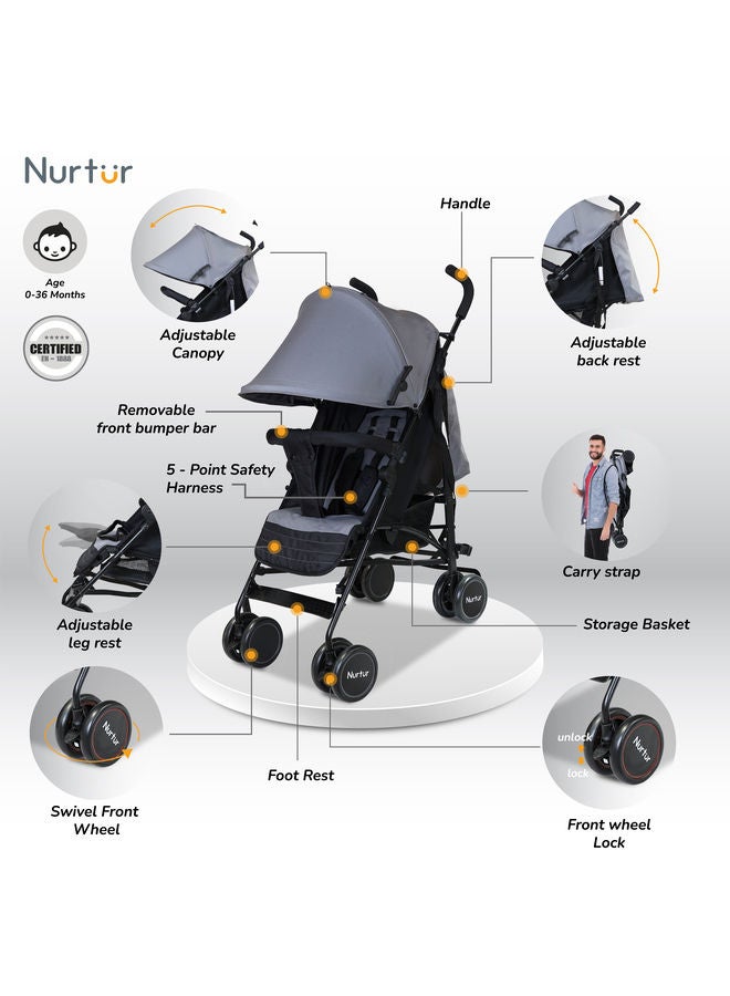 Nurtur Archer Baby Kids Lightweight Stroller 0 to  36 months Storage Basket Detachable Bumper 5 Point Safety Harness Compact Design Official Nurtur Product - Image 2