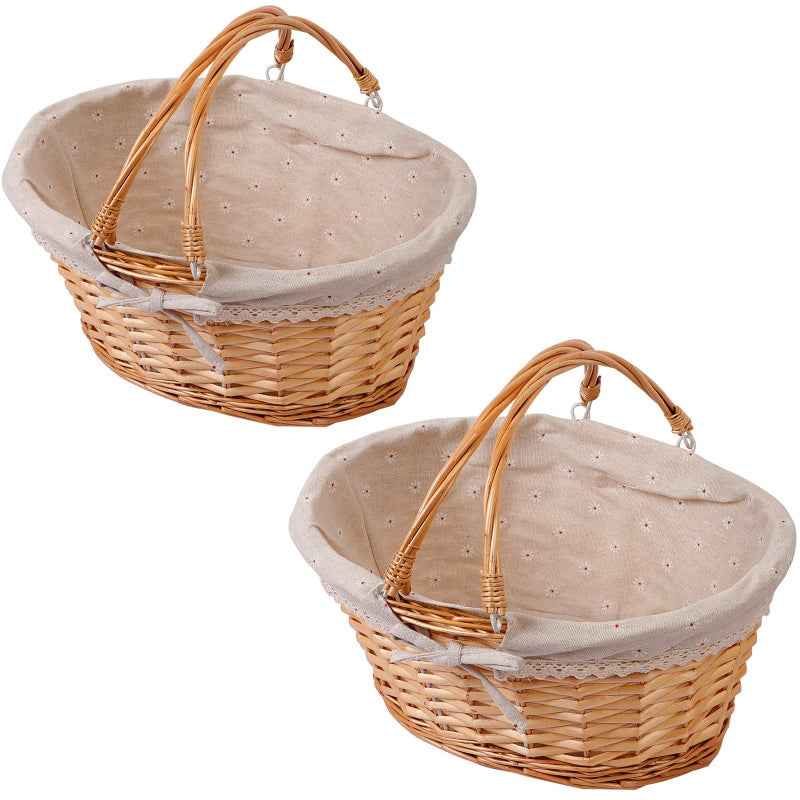 KINJOEK 2 Packs Wicker Woven Basket, 13" x 9" x 4.8" Multipurpose Natural Willow Basket with Handle Premium Linen Cotton Cloth Lining for Storage and Decoration, Natural - Image 1