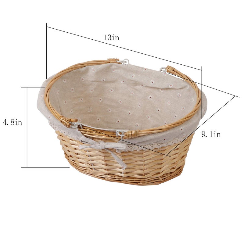 KINJOEK 2 Packs Wicker Woven Basket, 13" x 9" x 4.8" Multipurpose Natural Willow Basket with Handle Premium Linen Cotton Cloth Lining for Storage and Decoration, Natural - Image 2