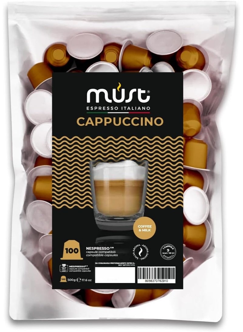 MUST 100 Cappuccino Coffee Capsules, Nespresso Compatible Pods, Coffee & Milk Flavor, Smooth & Creamy Taste, Italian Roasted Coffee, Ideal for Home and Office Use