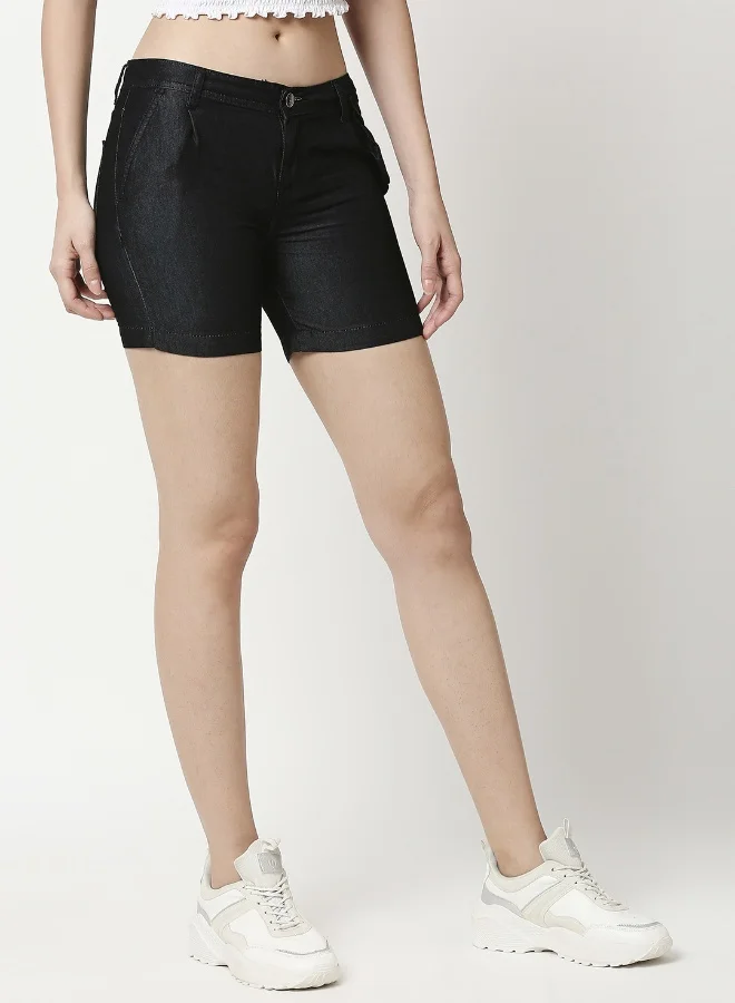 HIGH STAR Women Black Solid Mid-Rise Denim Shorts