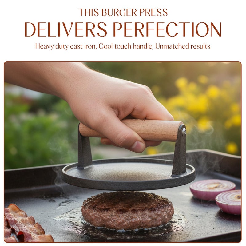Bellemain Heavy Duty Cast Iron Smash Burger Press 7" Round Grill Press for Cooking Burgers, Bacon, Sandwiches, Steak, BBQ, Ground Beef, Meats, Sausages, and So On - Image 4