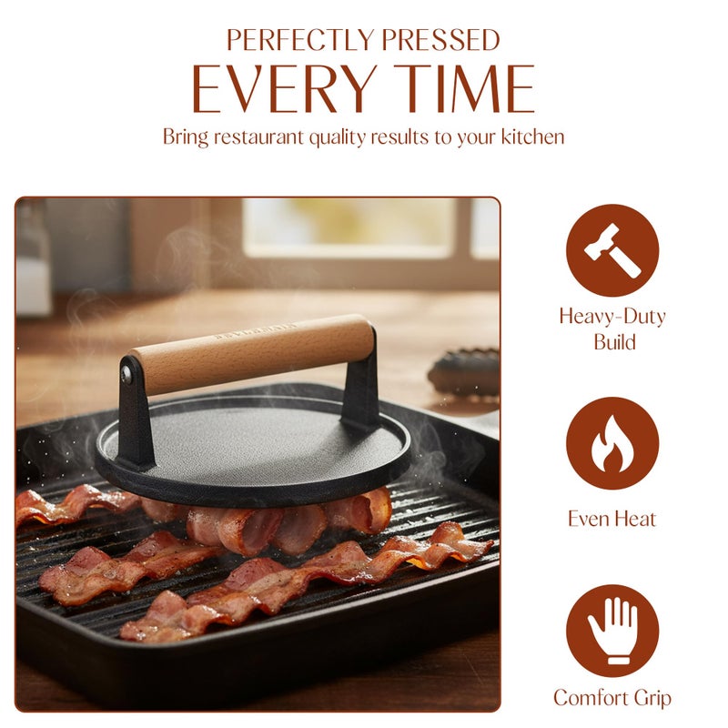 Bellemain Heavy Duty Cast Iron Smash Burger Press 7" Round Grill Press for Cooking Burgers, Bacon, Sandwiches, Steak, BBQ, Ground Beef, Meats, Sausages, and So On - Image 3