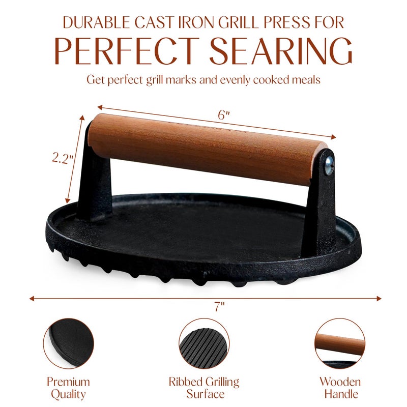 Bellemain Heavy Duty Cast Iron Smash Burger Press 7" Round Grill Press for Cooking Burgers, Bacon, Sandwiches, Steak, BBQ, Ground Beef, Meats, Sausages, and So On - Image 2