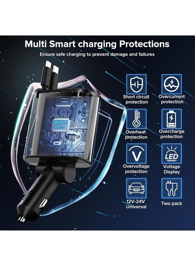 شاحن سيارة سريع 12/24 فولت 100 وات، محول طاقة سيارة من النوع C PD20 وات مع قابس شاحن بمنفذي USB مع كابل شحن قابل للسحب لأجهزة iPhone وSamsung وGalaxy وHuawei وXiaomi - Image 4