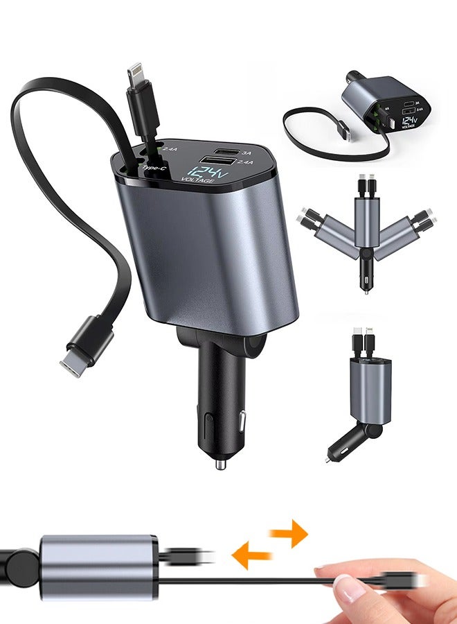 شاحن سيارة سريع 12/24 فولت 100 وات، محول طاقة سيارة من النوع C PD20 وات مع قابس شاحن بمنفذي USB مع كابل شحن قابل للسحب لأجهزة iPhone وSamsung وGalaxy وHuawei وXiaomi - Image 1