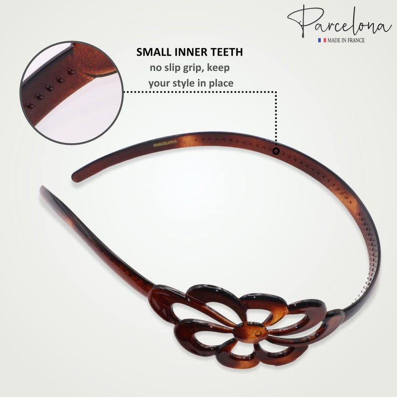 Parcelona French Wide Flower Tortoise Shell Brown Celluloid Acetate Hair Headband - Image 3