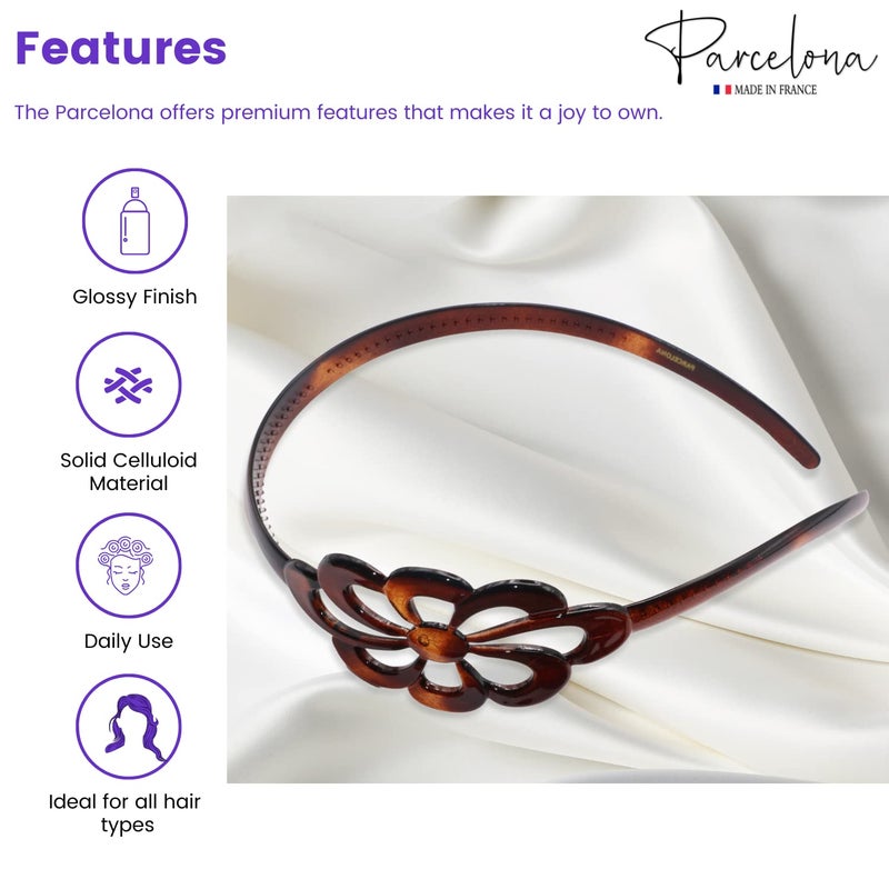 Parcelona French Wide Flower Tortoise Shell Brown Celluloid Acetate Hair Headband - Image 2