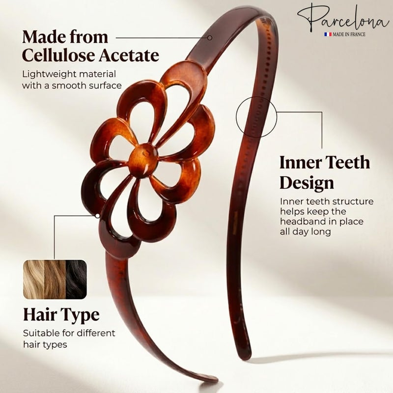 Parcelona French Wide Flower Tortoise Shell Brown Celluloid Acetate Hair Headband - Image 4