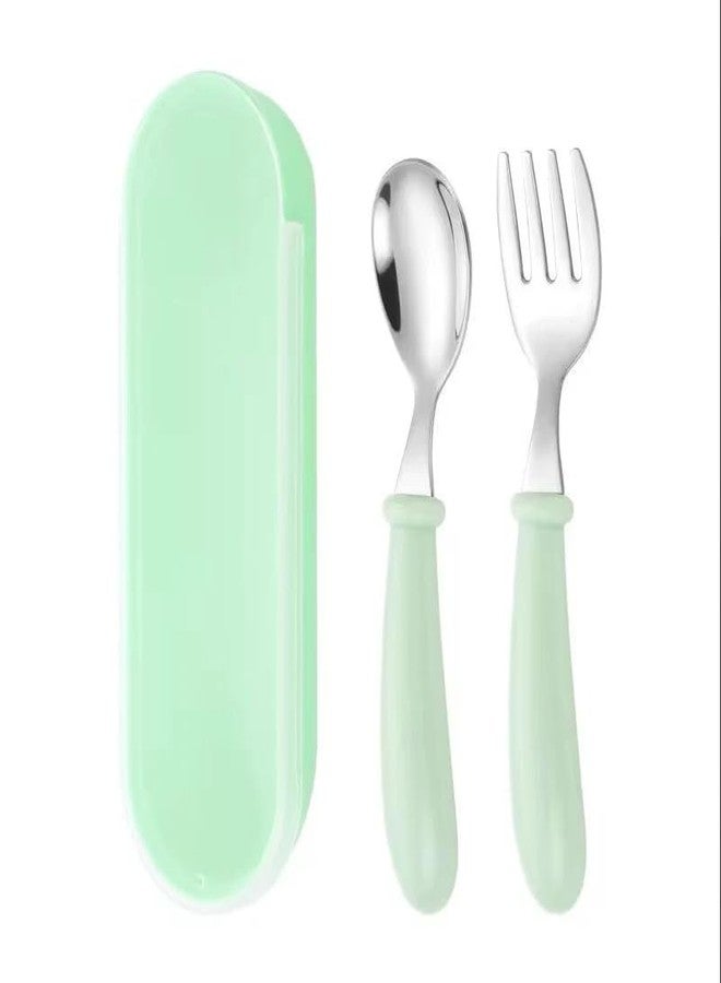 THEONI Baby Spoon Fork Set 6-12 Months, BPA-Free 304 Stainless Steel Toddler Self Feeding Cutlery, Travel Case Included, Training Utensils for Infants, Comfortable Handle Kids Tableware - Image 1