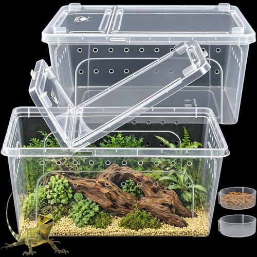 Tlence 2 Pack Critter Keeper, 12.6"x8.7"x6" Clear Plastic Enclosure Terrarium, Portable Transport Container with Feeding Bowl, Small Hatching Container with Ventilated Lid for Snake, Lizard, Gecko - Image 1