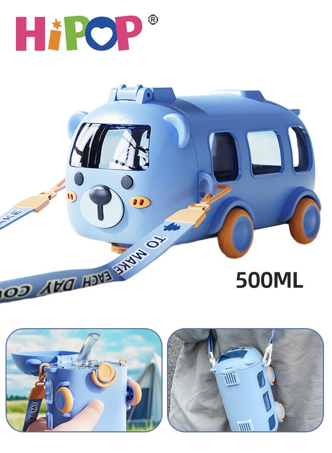 HIPOP 500ML Kids Water Bottle, Sports Water Bottle for Children, Sippy Cup for Boys and Girls, Cute Blue Car Design, Tritan, BPA Free, Leak-Proof, Adjustable Strap, Portable, and Easy to Clean - Image 1