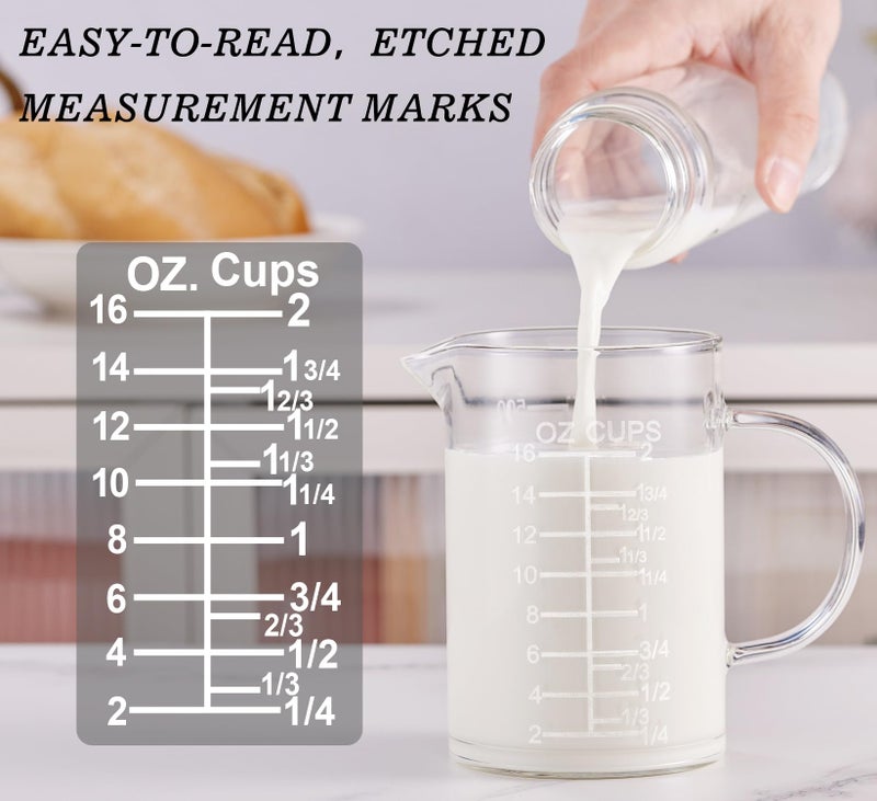 Ackers BORO3.3 Ackers Etched Graduated Glass Measuring Cup - [Insulated Handle | V-Shaped Spout] - High Borosilicate Glass Measuring Cup for Kitchen or Dining, Easy to Read, 500 ML (16 Oz, 2 Cup) - Image 4