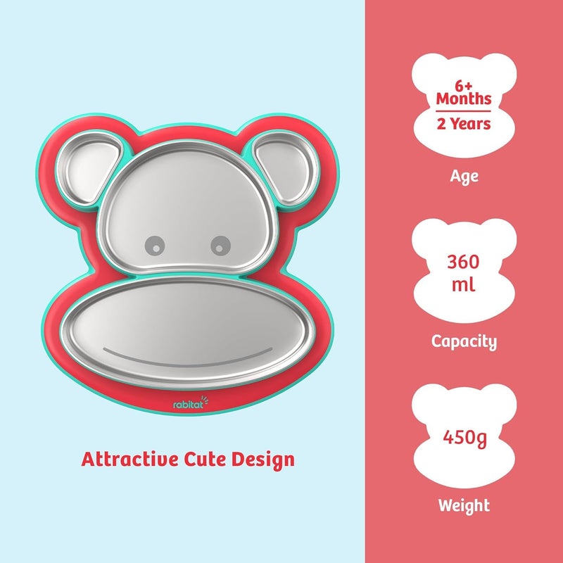 Rabitat Pogo Playte Personalized Anti Skid Stainless Steel Divided Plate Red - 2 Years Brand Warranty | Unbreakable 4 Sections Self Feeding Training Divider Plate for Baby/Toddlers and Kids - 360ml - Image 3
