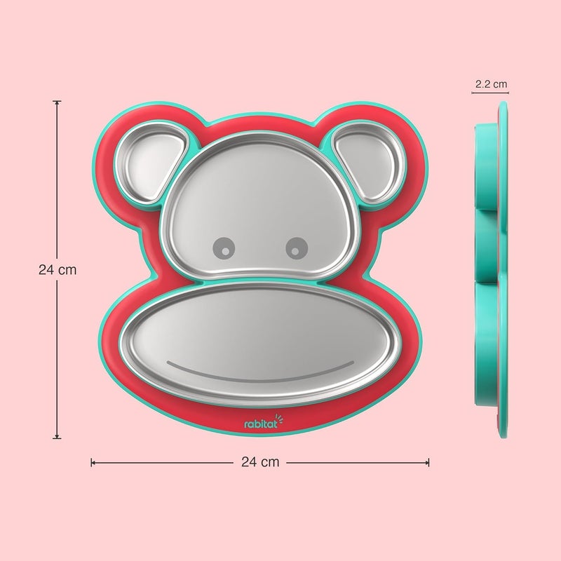 Rabitat Pogo Playte Personalized Anti Skid Stainless Steel Divided Plate Red - 2 Years Brand Warranty | Unbreakable 4 Sections Self Feeding Training Divider Plate for Baby/Toddlers and Kids - 360ml - Image 2